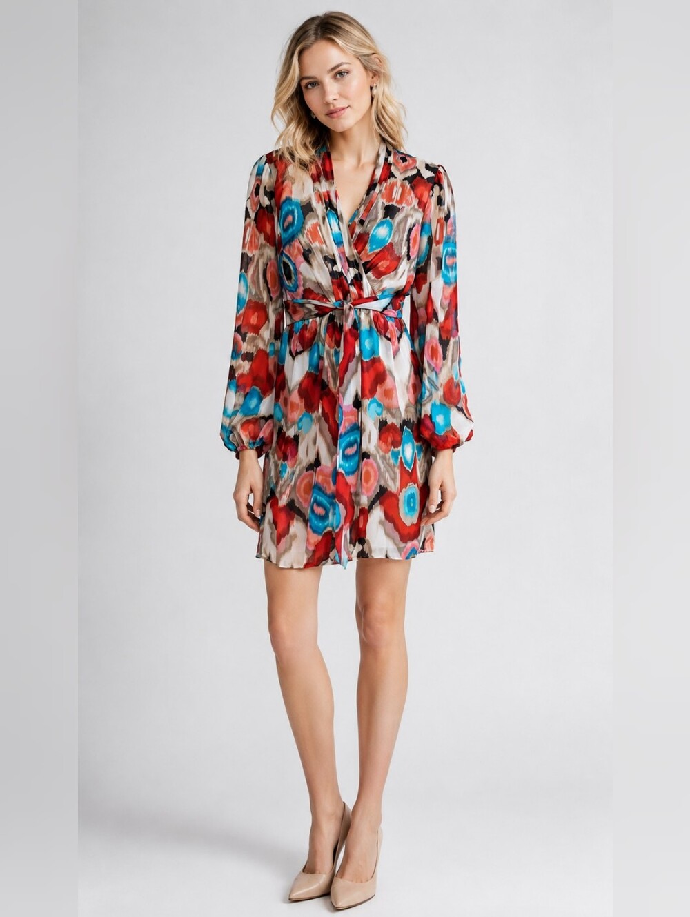 Laundry By Shelli Segal Red & Blue Abstract Tie-Waist Mini Dress